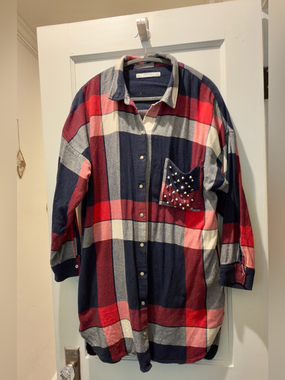 Zara Red Navy White Plaid Studded Pocket Button-Down Shirt Dress